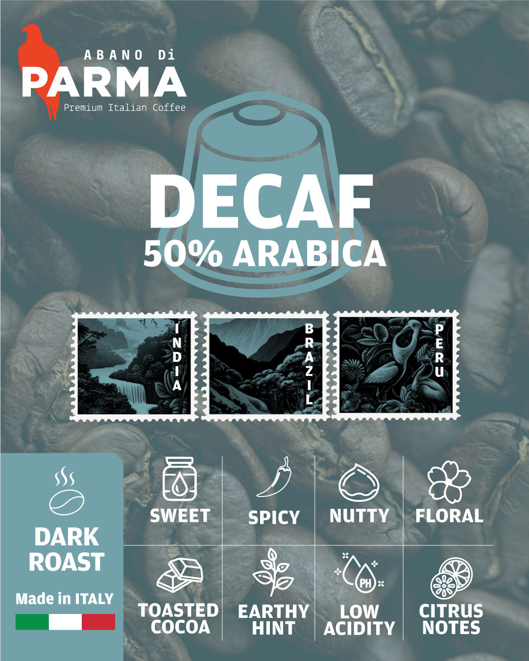 ABANO DI PARMA Decaf 50% ARABICA 5.6g  Nespresso Compatible Capsules X 10