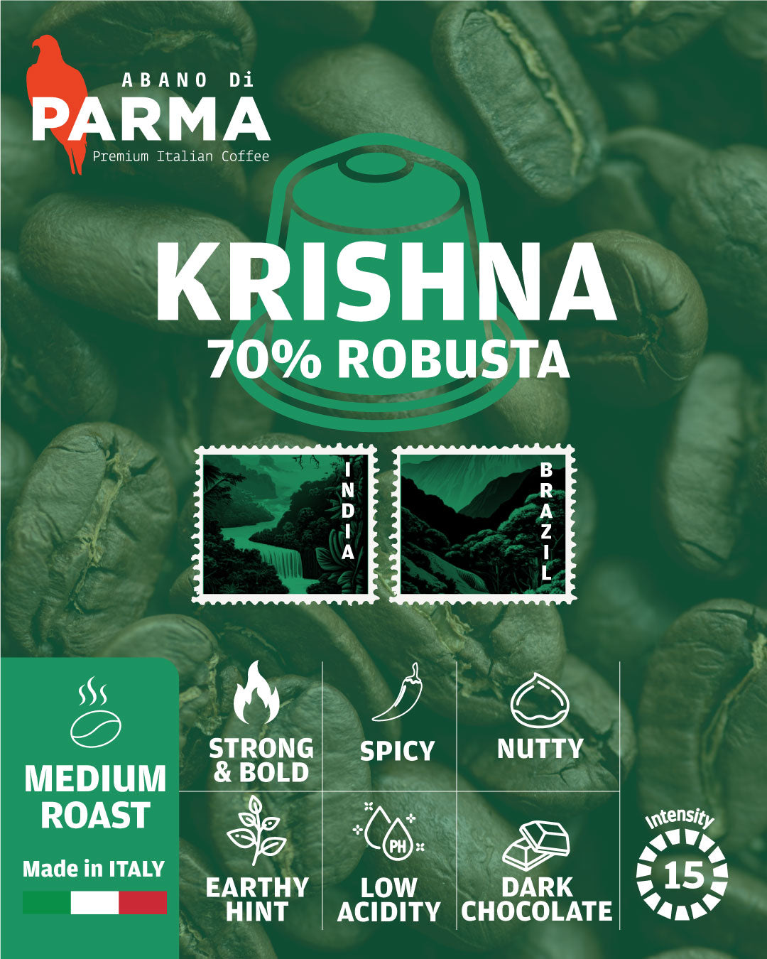ABANO DI PARMA Krishna 70% ROBUSTA 5.6g Nespresso Compatible Capsules X 10